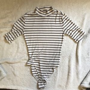 Striped body suit faux turtleneck
